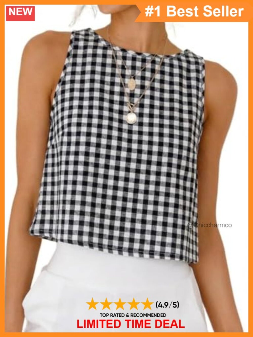 Womens Gingham Cotton Crop Tank Top Sleeveless High Neck Summer Beach Vest